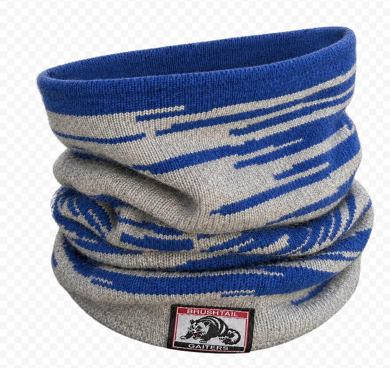 Brushtail Neck Gaiter i blå och grå, stående produktfoto.