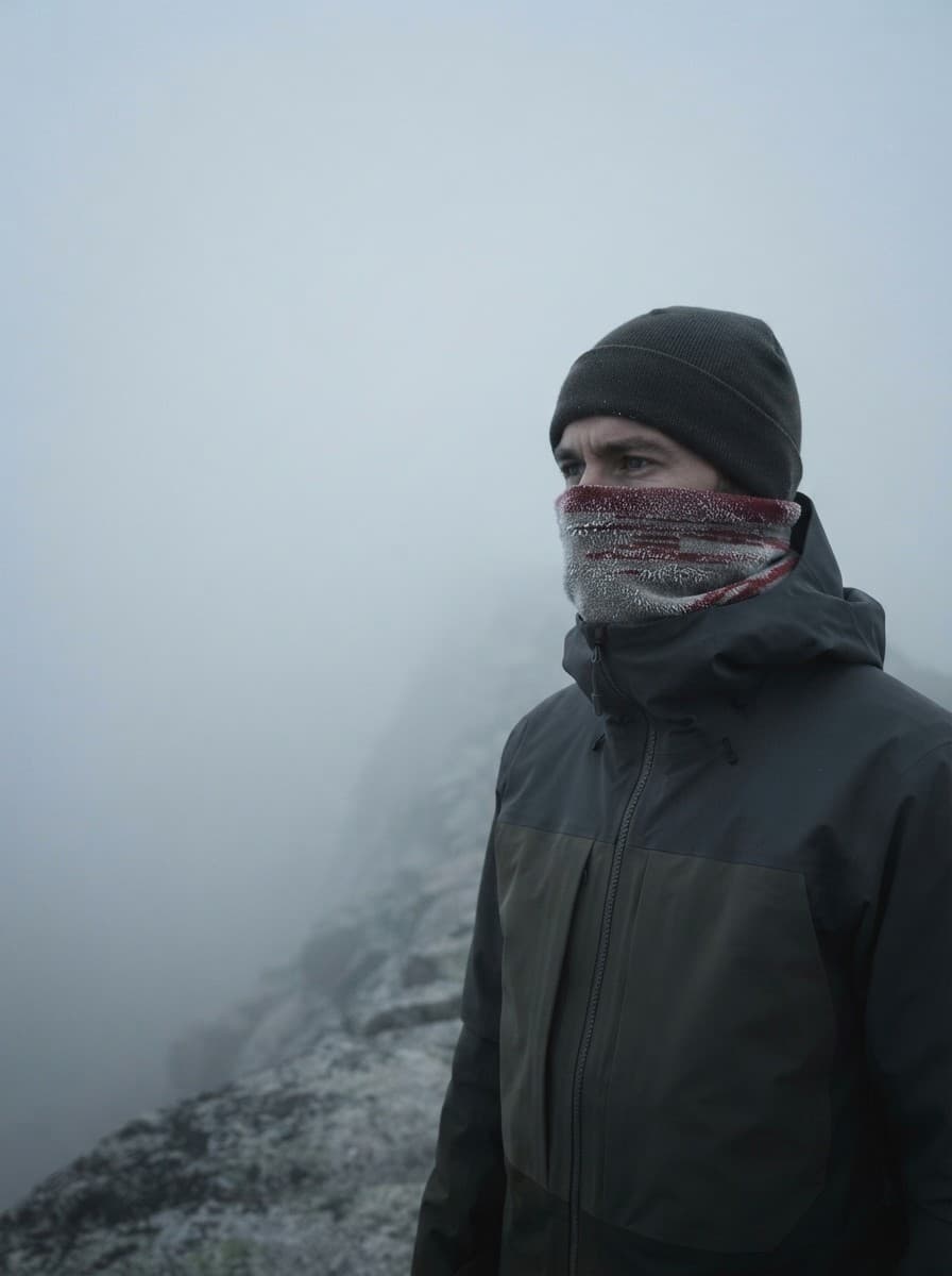 Person med Brushtail Neck Gaiter i dimma och frost på åsen.