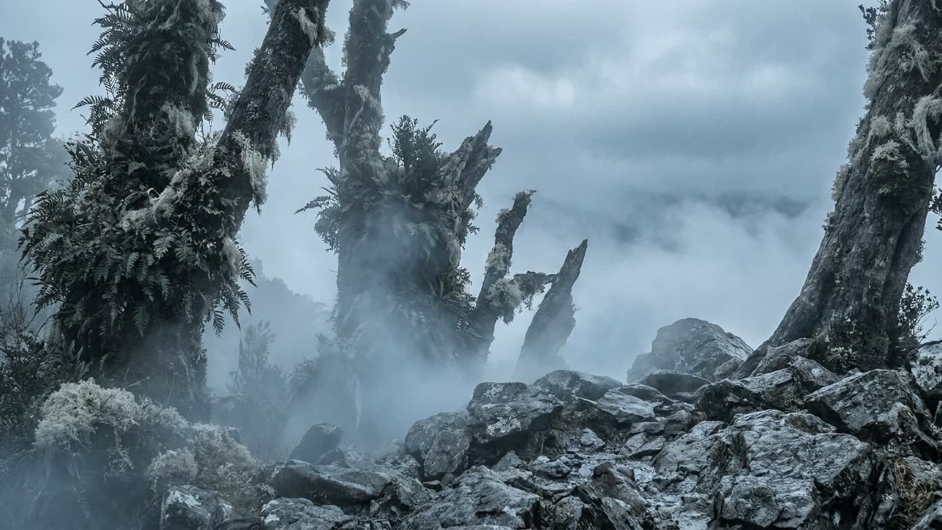 Nyazeeländsk tempererad regnskog i skymning, ormbunkar och mossa.