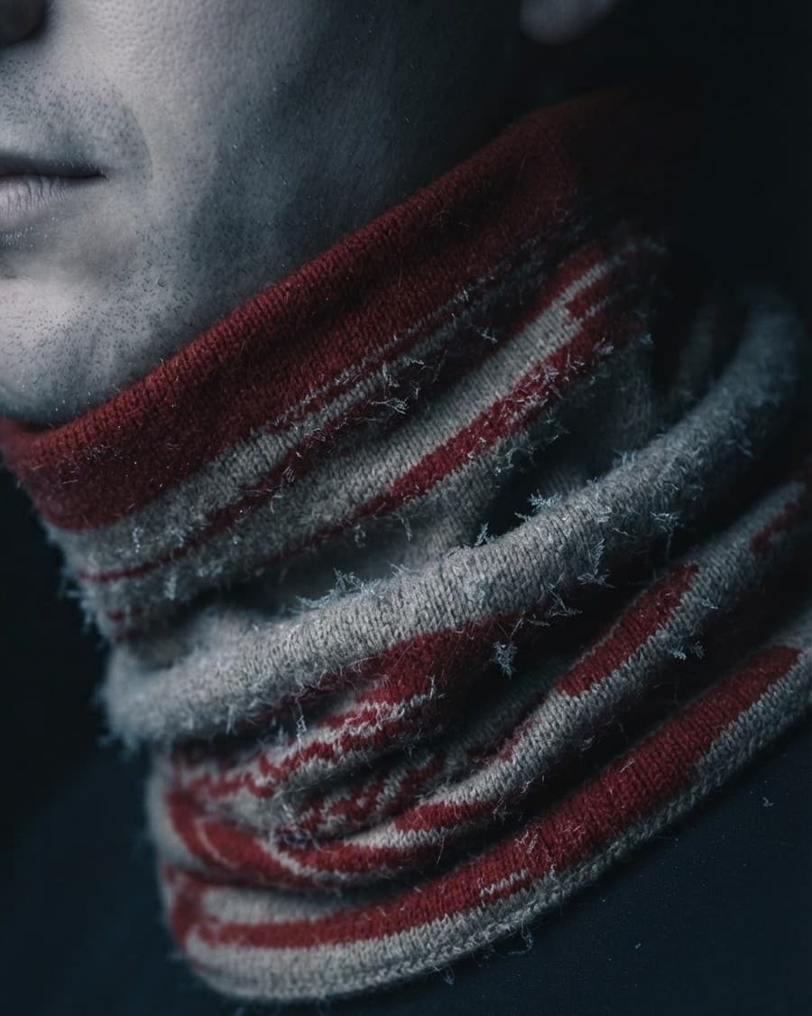 Makro av Brushtail Neck Gaiter i rost och sand med frost på tyget.