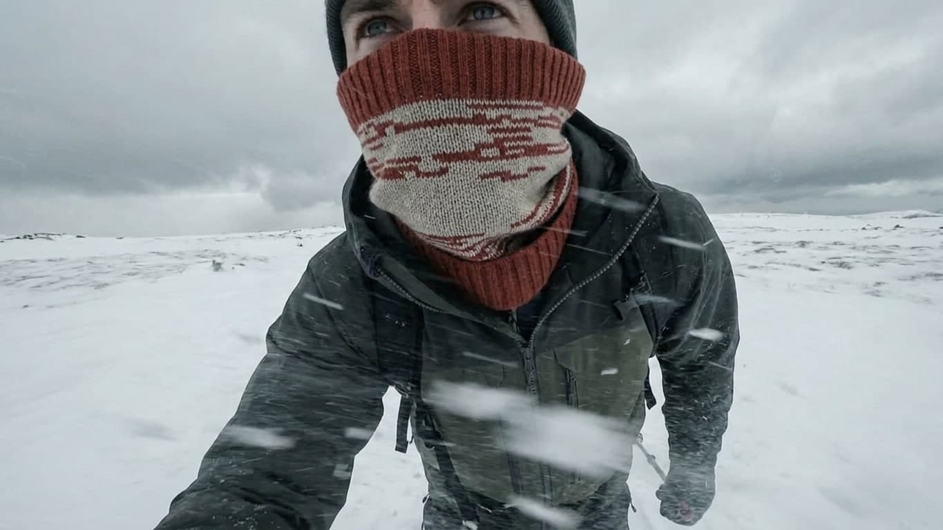 Skidåkare med halsvärmaren uppdragen, kameran i snönivå.
