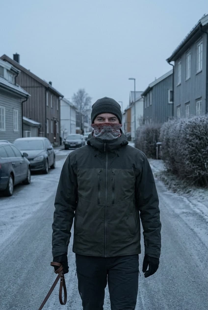 Man på frostig villagata med halsvärmaren uppdraget över hakan.